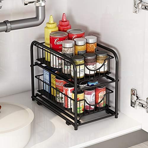 2-Tier Pull Out Organizer Under Sink Sliding Cabinet Rack,Black - Image 2
