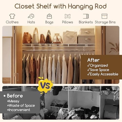 COSTWAY Closet Shelves Wall Mounted, Ventilated Shelf with Hanging Rod - Image 4