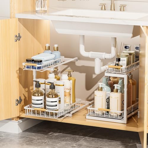 Delamu Under Sink Organizer 2 Pack, Pull Out Cabinet Organizer for Kitchen Sink, 2 Tier Metal Slide Out Shelf Caddy for Bathroom Storage, 5 Adjustable Heights for Pantry & Laundry Room, Cream - Image 2