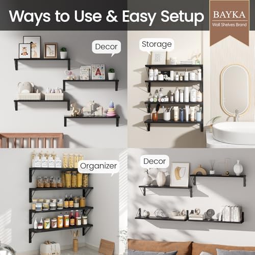 BAYKA Wall Mounted Floating Shelves, Wood Floating Wall Shelf for Books & Decor, Small Space-Saving Display & Organizer（Black，23in，Set of 4） - Image 4