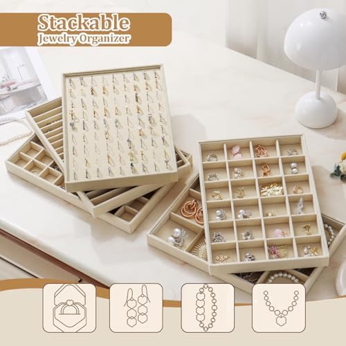 Large Jewelry Organizer for Drawer Insert Velvet Stackable Jewelry Trays for Earring Necklace Bracelet Ring Display (Beige, 24 Grids) - Image 4
