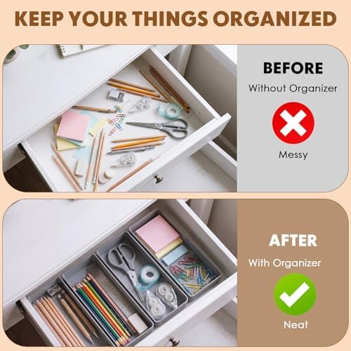Teling 12 Pcs Grey Plastic Desk Drawer Organizer Pen Tray Shallow - Image 4