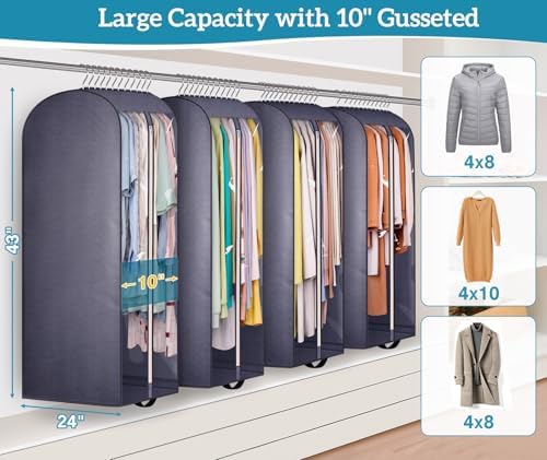 KIMBORA 10" Gusseted Clear Garment Bags for Hanging Clothes Storage, 43" Suit Bags for Closet Storage with Handles, Garment Covers for Coats, Jackets, Sweaters (4 Packs, Grey) - Image 2