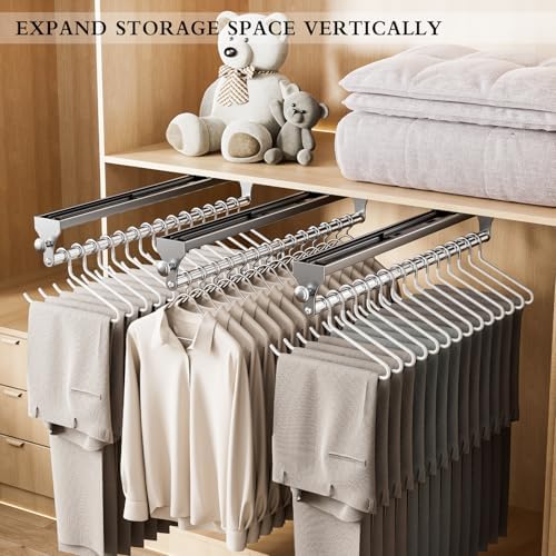 2 Pack Pull Out Closet Rod, 13.7inch Heavy Duty Pants Rack, Adjustable Clothes Hanger Rail, Space Aluminum Valet Rod, Top Mounted Wardrobe Clothes Organizer, Closet Storage for Trousers Coats Gray - Image 3