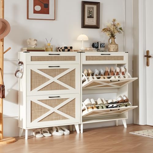 LEYAOYAO Rattan Shoe Cabinet Storage for Entryway with 2 Flip Drawers - Image 4