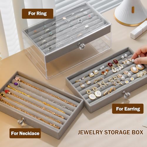 SPAKOWN Ring Box Display Holder, Clear Velvet Jewelry Storage Tray Organizer for Ring Stud Earring (Grey - 3 Drawers) - Image 2