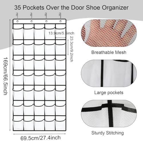 35 Pockets Over The Door Shoe Organizer, Large Breathable Mesh Hanging Shoe Rack with 4 Metal Hooks, Space Saving White Over Door Shoe Storage Holder Mesh Bag for Closet Entryway Bedroom Pantry - Image 3