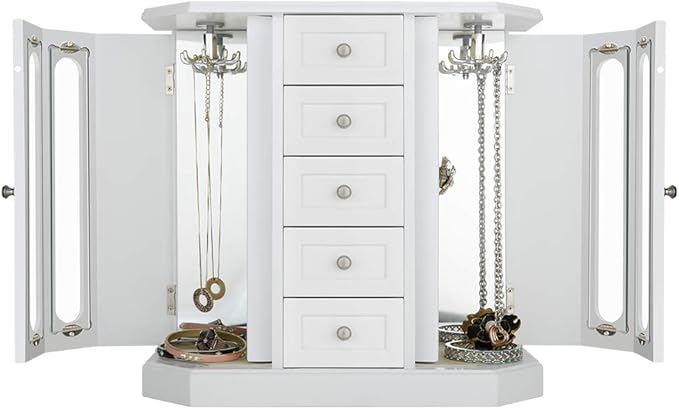 RR ROUND RICH DESIGN Jewelry Box - Made of Solid Wood with Cabinet Type 5 Drawers Organizer and 2 Separated Open Doors on 2 Sides and Large Mirror White