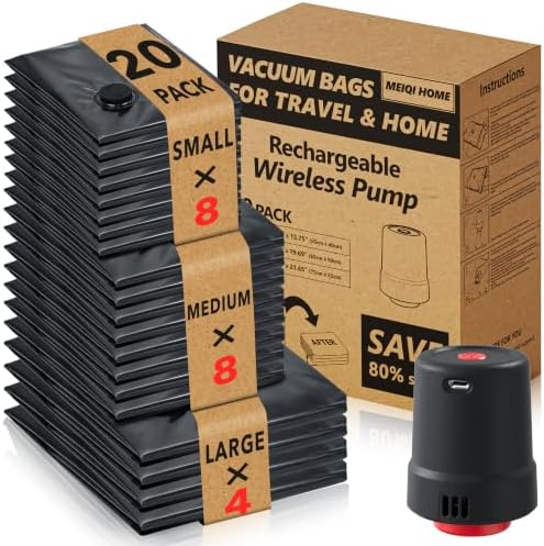 MEIQIHOME 20 Pack PackEase Travel Vacuum Bags 1800mAh Wireless Pump, 80% Compression Space Saver for Luggage, Clear PA+PE Reusable Seal Bags for Clothes, Portable Electric Air Pump for Travel & Home by MEIQIHOME