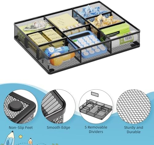 Marbrasse Desk Drawer Organizer, Metal Mesh Drawer Organizer Tray with 5 Adjustable Compartments,Desk Organizers and Accessories for Home,Office,Kitchen,Makeup,Vanity (Black) - Image 5