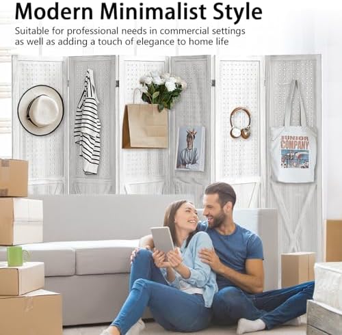Pegboard Room Divider, 6 Panel Pegboard Display Wooden Room Divider Panel, Room Partitions and Dividers with 24 Hooks for Bedroom, Shop, Jewelry Display, White - Image 2