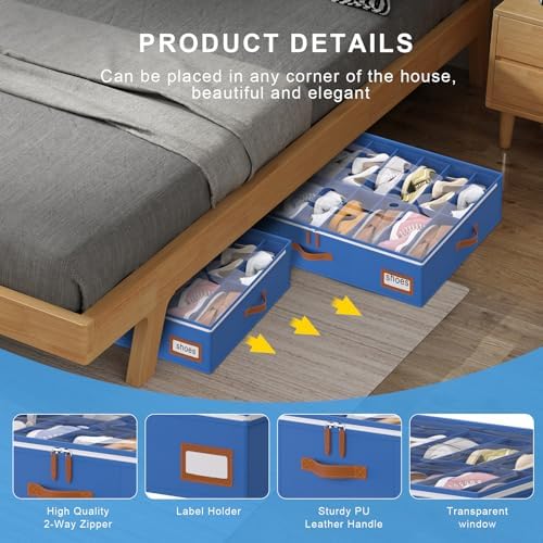 homyfort Shoe Organizer Under Bed, Fits 32 Pairs, Under bed Shoe Storage Boxes with Study Handles and Clear Cover, zapateras organizer for shoes, set of 2 - Image 3