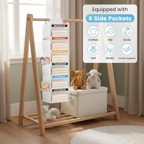 Weekly Clothes Organizer for Kids, 6-Shelf Kid Hanging Closet Organizer w/ 6 Side Pockets, Labeled Weekly Outfit Organizer for Kids, Days of The Week Clothes Organizer Monday Through Friday White - Image 6