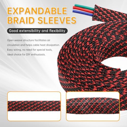 Braided Cable Sleeve 33ft, PET Expandable Wire Loom for Automotive Wiring Harness & PC Computer Case, Audio Video Cable Management System (Red~Black, 16mm (5/8")) - Image 2