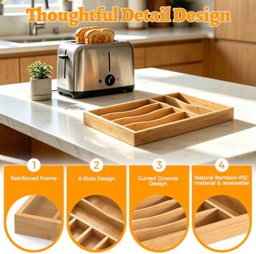 Bamboo Silverware Drawer Organizer, 6 Slots Kitchen Drawer Tray - Image 5