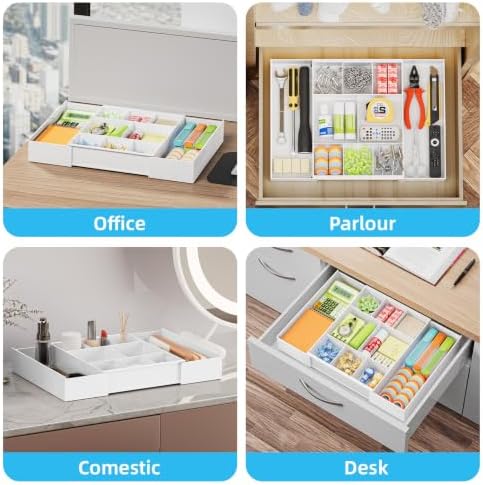 Marbrasse Expandable Desk Drawer Organizer, Clear Plastic Drawer Organizer Tray with 10 Adjustable Compartments, Desk Organizers and Accessories, 5 Drawer Dividers for Office Supplies, Makeup(White) - Image 5