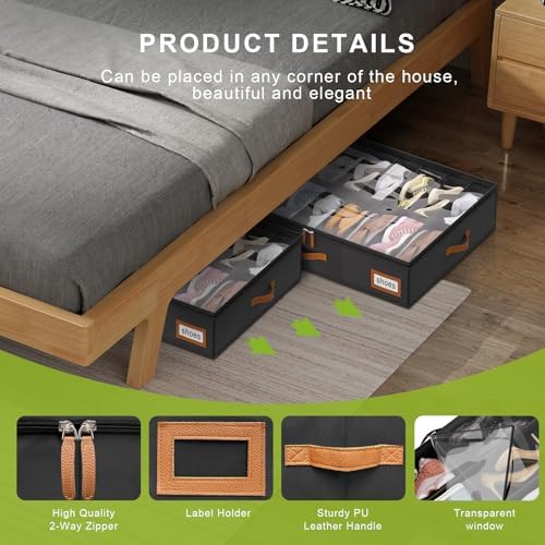 homyfort Shoe Organizer Under Bed, Fits 32 Pairs, Under bed Shoe Storage Boxes with Study Handles and Clear Cover, zapateras organizer for shoes, set of 2 - Image 3