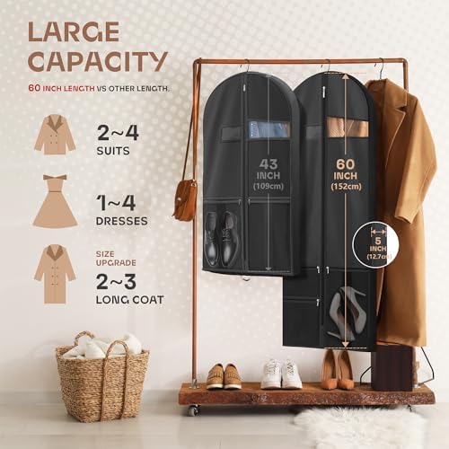 Lazebox 60 inch Garment Bags for Closet Storage and Travel with Zipper Pocket, Heavy Duty Waterproof Hanging Suit Bag with Handles for Suits, Coats, Jackets, Shirts, 1 pack - Image 2