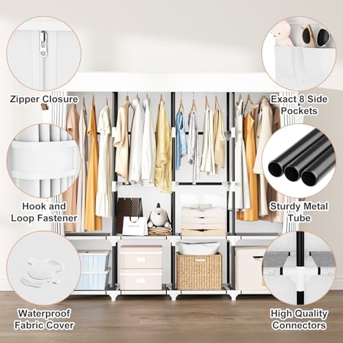 Portable Closet for Hanging Clothes, 67 Inch Wide Portable Wardrobe Closet with Cover, 4 Hanging Rod, Storage Shelves and Side Pockets, Large Free Standing Closet for Bedroom, White - Image 4