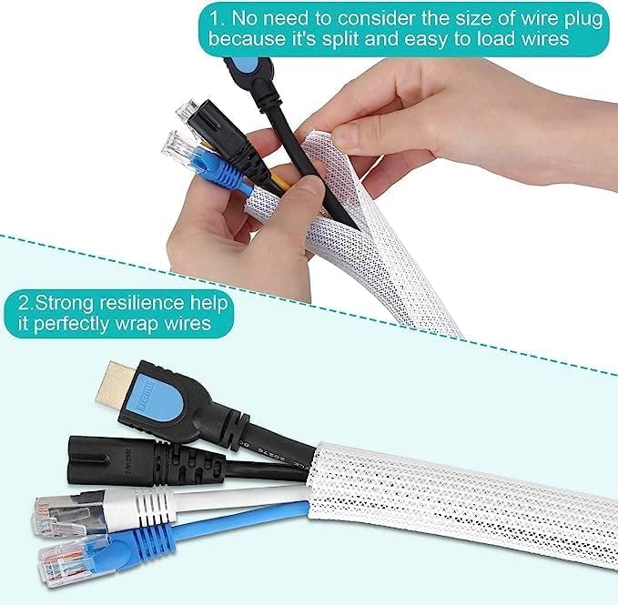 20ft - 1 inch White Cable Sleeve, Cable Organizer for Desk PC TV Computer, Wire Protector Cable Wrap Cover, Cord Management for Home Office - Image 4