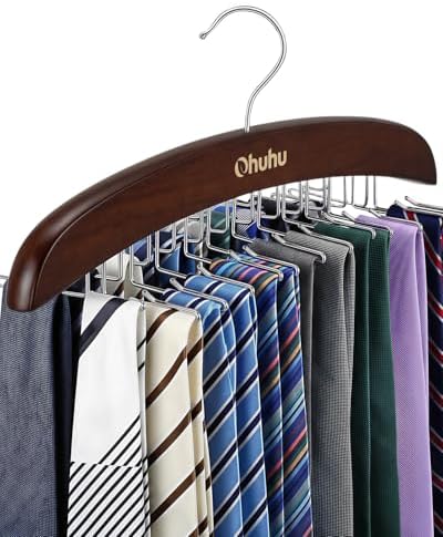 Ohuhu 24-Hook Wooden Tie Rack, 360° Rotating Rustproof Closet Hanger by Ohuhu