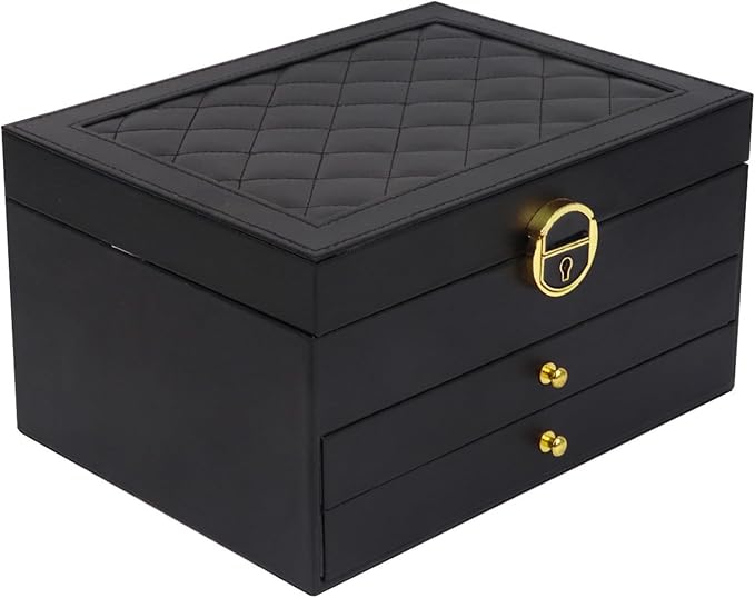 Jewelry Organizer Box for Women, Large Jewelry Organizer with Lock, 3 Tier Storage Box with Velvet Lining, 2 Drawers, Necklace Hooks, Ring Rolls