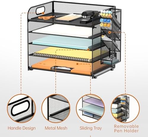 5-Tier Paper Organizer for Desk with Pen Holders, Letter Trays, Black - Image 3