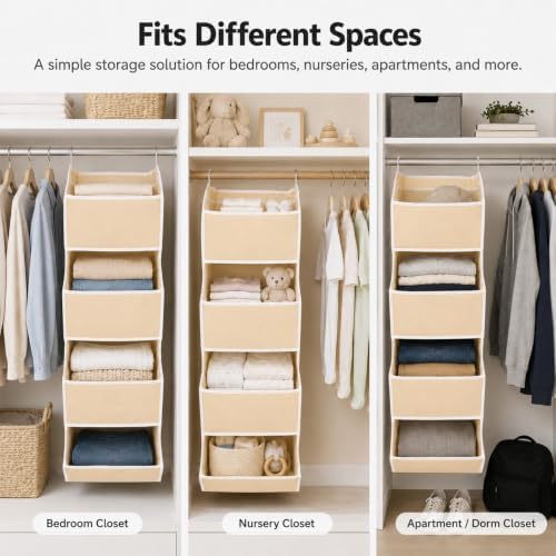 4-Shelf Hanging Closet Organizer and Storage, Fabric Storage Bins Bedroom Organization with Mesh Pockets, Collapsible Hanging Shelves Wardrobe Organization for Home, Dorm, Rv (Beige) - Image 7
