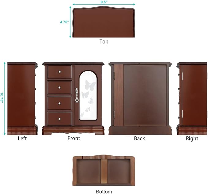 RR ROUND RICH DESIGN Jewelry Box - Made of Solid Wood with 4 Drawers Organizer and Built-in Necklace Carousel and Large Mirror Brown