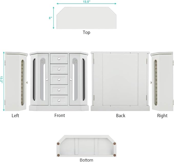 RR ROUND RICH DESIGN Jewelry Box - Made of Solid Wood with Cabinet Type 5 Drawers Organizer and 2 Separated Open Doors on 2 Sides and Large Mirror White
