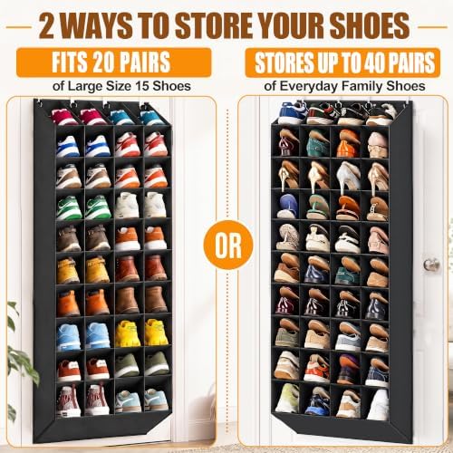 UVIAHOMI 30-40 Pairs Over the Door Shoe Organizer, 40 Breathable Pockets Hanging Shoe Storage for Closet, 10-Tier Door Shoes Rack, Handing Shoes Holder Fit All Family's Sneakers, Boots (Black) - Image 6
