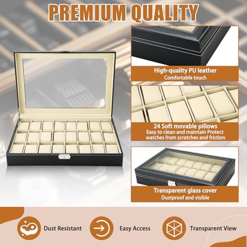 MAOPINER 24 Slot Watch Box with Glass Display Lid Watch Storage Case - Image 3