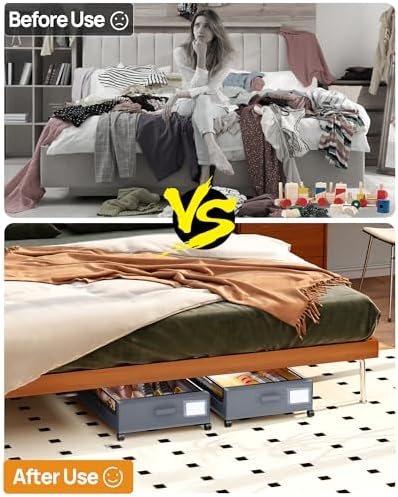 Under Bed Storage With Wheels, 2 Pack Square Containers, 60L Bins, Rolling Metal Drawer for Clothes, Blankets, Shoes - Image 6