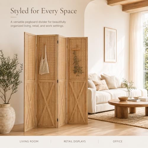 4 Panel Wood Pegboard Room Divider Folding Privacy Screen Light Brown - Image 5