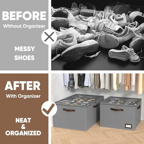OIAHOMY 2 Pack Shoe Organizer for Closet, Large Foldable Shoe Storage Bins with Dividers and Reinforced Handles, Each Clear Cover Sneaker Box Fits Up to 24 Pairs for Entryway and Bedroom, Grey - Image 7