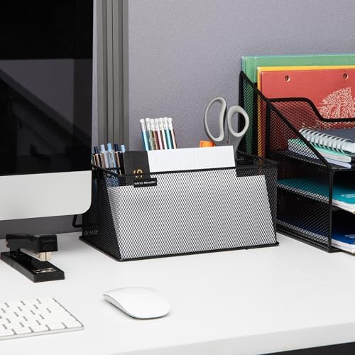 Mind Reader Multi-purpose Storage Caddy with Handle, Desktop Organizer, Cutlery Holder, 4 Compartments, Metal Mesh, Black - Image 2