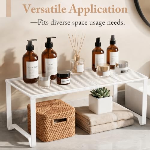 Extendable Metal Wire Shelf Organizer - Adjustable 15-24.4in Length, Stackable Storage Rack for Kitchen/Pantry/Bathroom/Shoe Cabinet/Tool Closet (2, White) - Image 4