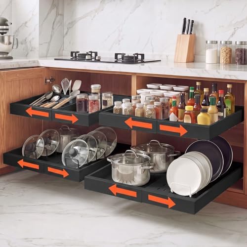 VEVOR Pull Out Cabinet Organizer, 4 Pack Expandable Width (12.2"-18.9"), 20.47" Deep Pull Out Drawers for Cabinets, Sliding Drawer for Kitchen Pantry Cabinet Organizer with Nano Adhesive Strips, Black by VEVOR