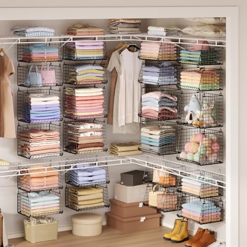 Lyuwanxian 4-Tier Hanging Closet Organizer with 360°Rotating Hooks – Foldable Hanging Shelves for Small Spaces, Wire Storage Basket, Closet Organizer System, Black by Lyuwanxian