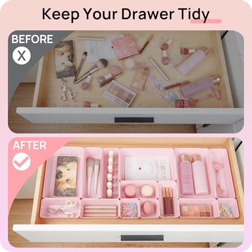 Vtopmart 44 PCS Plastic Drawer Organizers Set, Vanity Organizer Trays, Pink - Image 3