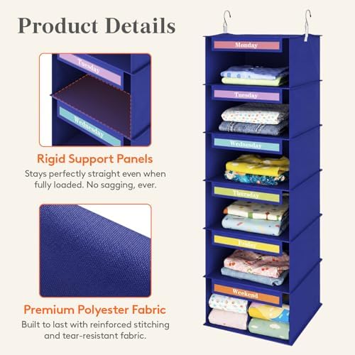 Lifewit 6 Shelf Weekly Hanging Clothes Storage Organizer for Kids, Blue - Image 2