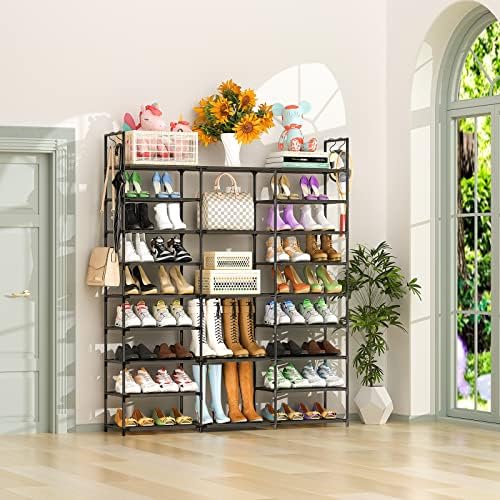 Kottwca Shoe Rack Organizer, Large Shoe Rack for Entryway Closet, Metal Shoe Shelf for Shoes and Boots, Big Non-Woven Fabric Shoe Storage Organizer with Hooks for Cloakroom, Black… - Image 2