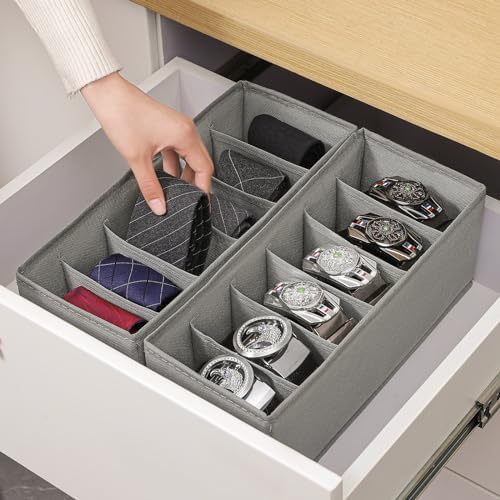 3 Packs Fabric Belt Organizer for Closet and Drawer, Foldable 6 Grids Dresser Drawer Organizers, Belt Tie Holder, Tie Box-Grey - Image 3