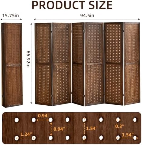 6 Panel Pegboard Display with 24 Hooks,Partition Room dividers, Wooden Room Divider Wall and Folding Privacy Screens, Pegboard Room Divider, Bedroom, Balcony, Dark Brown - Image 2