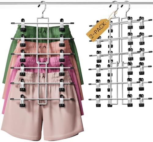 DAMITA Skirt Pants Hangers with Clips Space Saving Hanging Closet Organizer 6 Tiers Hanger with 360° Swivel Hook, Finger-Safe Design- College Dorm Room Apartment Essentials 2-Pack by Damita