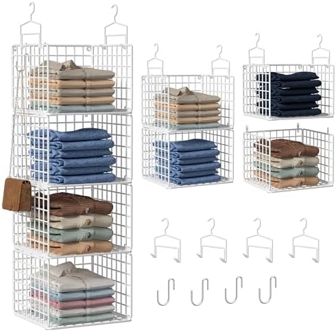 Hanging Closet Organizer, 4 Tier Metal Closet Organizers and Storage with 4 Hanging Hooks 4 S-Hooks for Wardrobe Laundry Room, Wire Storage Shelf for Clothes Sweaters Pants (White) by Orapoke