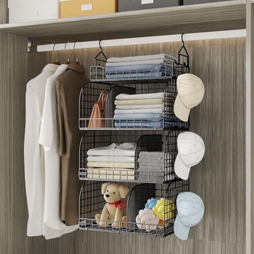HapiRm Hanging Closet Organizer Storage - 4 Tier Metal Stackable Hanging Closet Shelves with Dividers and S Hooks, Foldable Clothes Shelves for Clothes, Pants, Shoes, Coat, Hats Clutches Accessories - Image 4