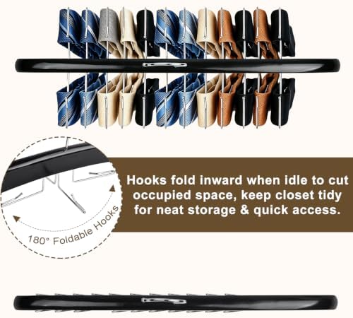 2 Pack Tie Rack Hanger, 24 Hooks Each, Space Saving Wooden Tie Organizer for Men, Holds Up to 24 Ties Belts Scarves, 360° Rotating Anti-Slip Rustproof Foldable Steel Hooks, No Wrinkles - Image 4