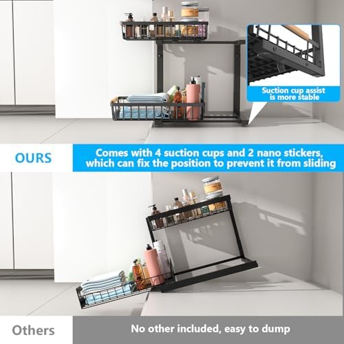 Merrylun Under Sink Organizers, 5 Adjustable Height,Metal Pull Out Under Sink Organizers and Storage Shelves with Sliding Drawer, Black 1pack（Hight 13.6″-16.9″） - Image 4