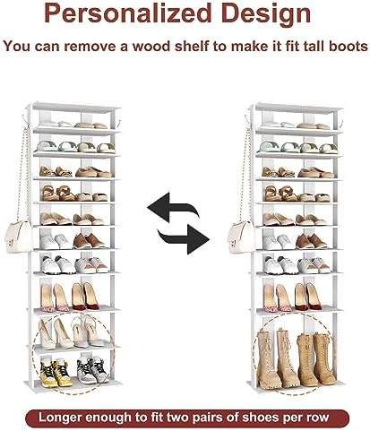 HOMEFORT 10-Tier Corner Shoe Tower - Double Rows, Slim Shoe Stand for 20 Pairs - Entryway, Hallway, Closet (White) - Image 6